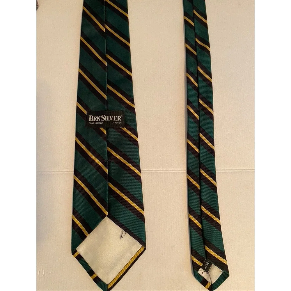 Ben Silver Charleston London Silk Tie Green Navy Gold Striped Hand Made Mens